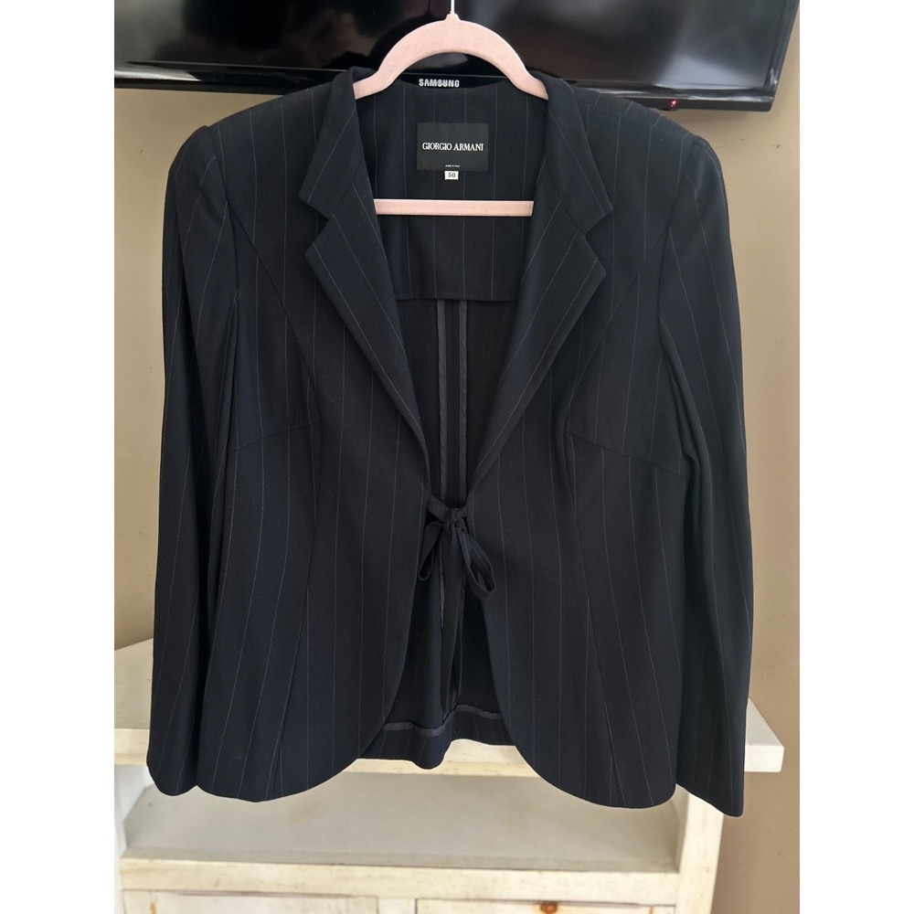 Giorgio Armani Black Label Made in Italy Pinstripe Tie-Front Blazer Size 50 READ